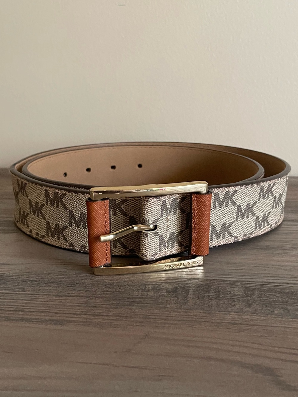 Michael Kors MK Logo Belt Womens Large Brown Tan Canvas Gold Tone Buckle